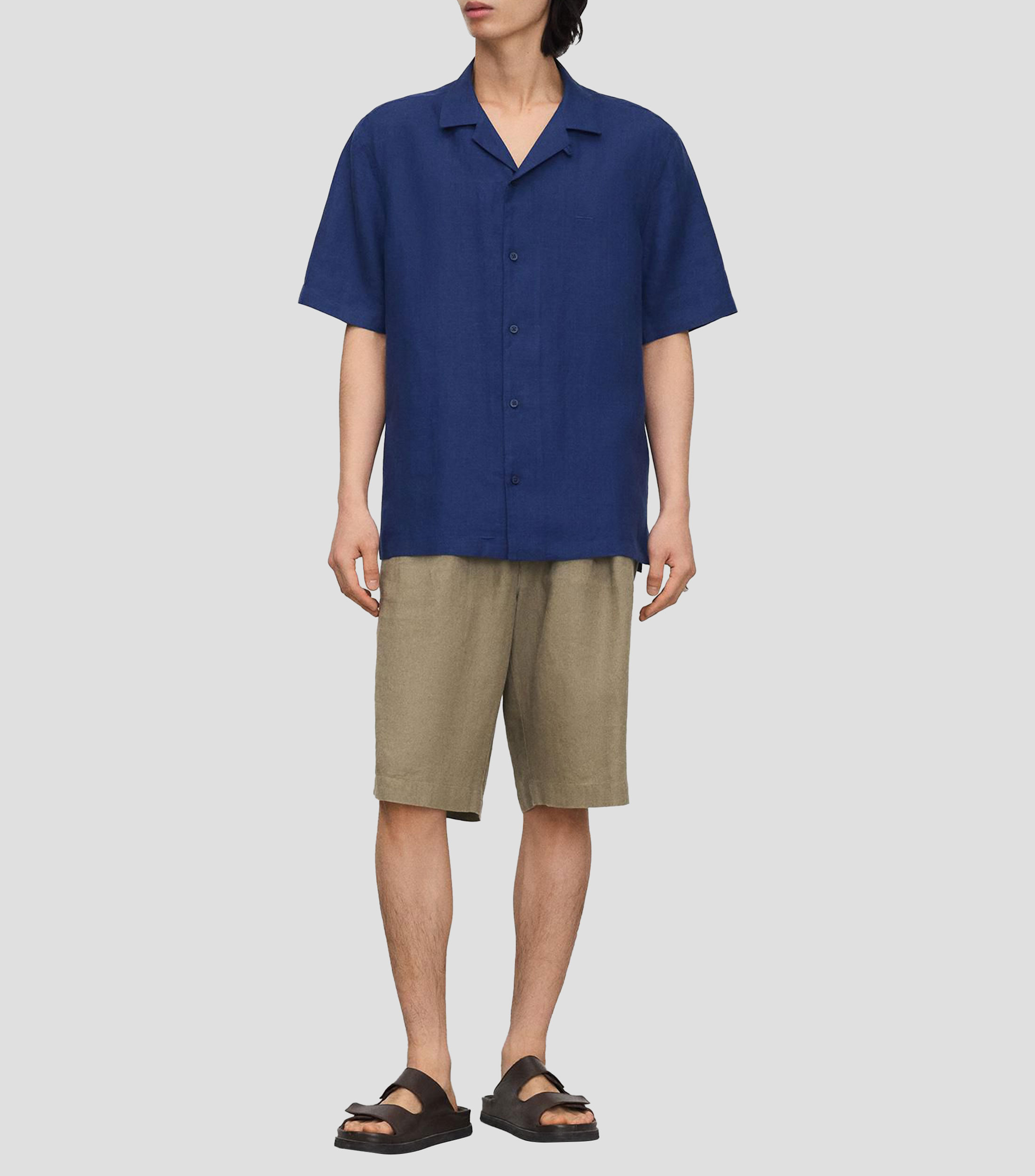 Camisa lisa en lino con manga corta Hombre